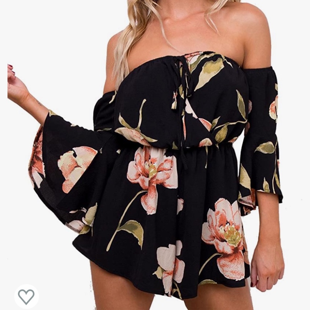 Relipop Floral Off Shoulder 3/4 Flarred Sleeve Romper Jumpsuit